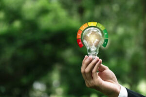 Hand holding lightbulb with energy efficiency scale.